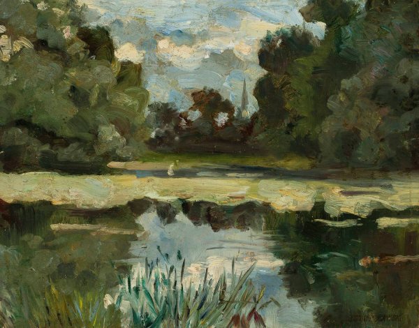 Park landscape with a pond by Jan Stanislawski - Hand-Painted Oil Painting Reproduction