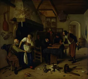 Interior of an inn with an old man amusing himself with the landlady and two men playing backgammon, known as 'Two kinds of games' by Jan Steen Interior of an inn with an old man amusing himself with the landlady and two men playing backgammon, known as 'Two kinds of games' by Jan Steen Oil Painting