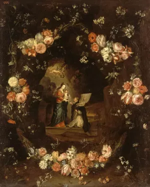 Madonna with the Child and St Ildephonsus Framed with a Garland of Flowers by Jan Steen Oil Painting