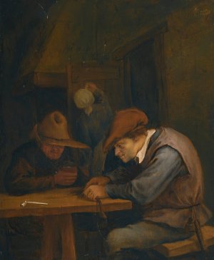 Peasants drinking and cutting tobacco in an inn by Jan Steen Oil Painting