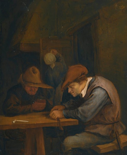 Peasants drinking and cutting tobacco in an inn by Jan Steen - Hand-Painted Oil Painting Reproduction
