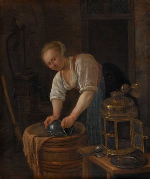 Woman scouring metalware by Jan Steen Oil Painting