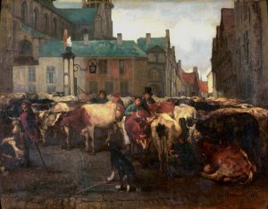 The Cattle Market in Antwerp by Jan Stobbaerts Oil Painting
