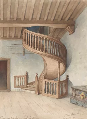 De houten wenteltrap in het Gemeenlandshuis van Delfland, te Maassluis Oil painting by Jan Striening