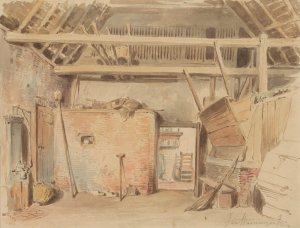 Interieur van een boerenschuur met doorkijk naar de keuken by Jan Striening Oil Painting