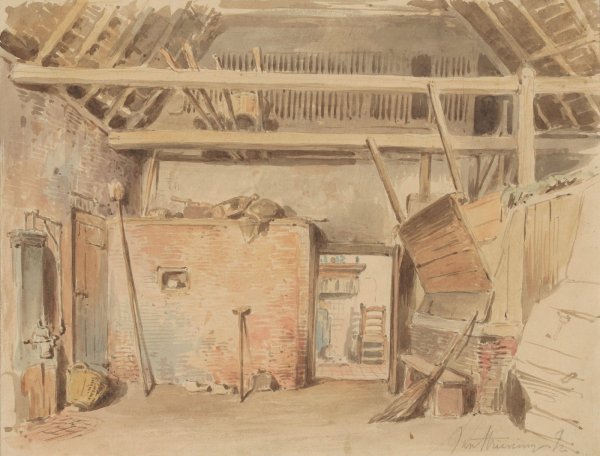 Interieur van een boerenschuur met doorkijk naar de keuken  by Jan Striening - Hand-Painted Oil Painting Reproduction