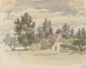 Landschap met boerderij omgeven door bomen by Jan Striening Oil Painting