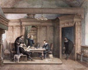 Vijf mannen in interieur by Jan Striening Oil Painting
