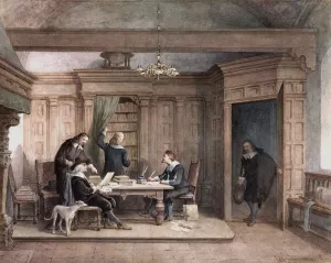 Vijf mannen in interieur Oil painting by Jan Striening