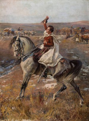 Portrait of Petőfi on horseback with a line of carts in the background by Jan Styka Oil Painting