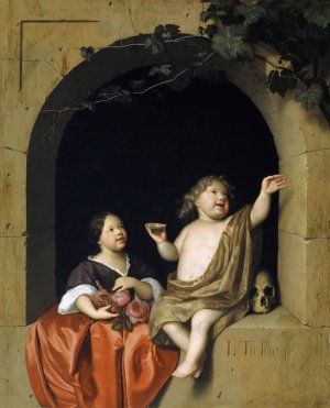Two Children at a Window, Looking at a Soap Bubble by Jan Tilius Oil Painting