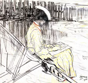 Portrait of Emma Bellwidt on the Beach at Domburg Oil painting by Jan Toorop
