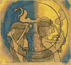 Twee gestileerde vrouwelijke figuren met klok in de hand by Jan Toorop Oil Painting