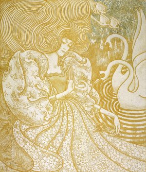 Vrouw met vlinder bij een vijver met twee zwanen by Jan Toorop Oil Painting
