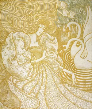 Vrouw met vlinder bij een vijver met twee zwanen by Jan Toorop Oil Painting