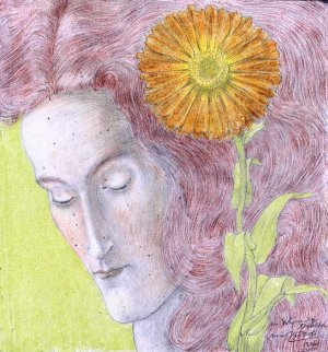 Vrouwenkop met rossig haar en Chrysant by Jan Toorop Oil Painting