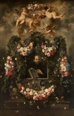 Saint Ignatius Surrounded by a Garland of Flowers by Jan Van Balen Oil Painting