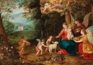 The Holy Family with the Infant Saint John and angels in a wooded landscape with a moated castle in the background by Jan Van Balen Oil Painting