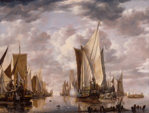 Shipping in a Calm at Flushing with a States General Yacht Firing a Salute by Jan Van De Cappelle Oil Painting