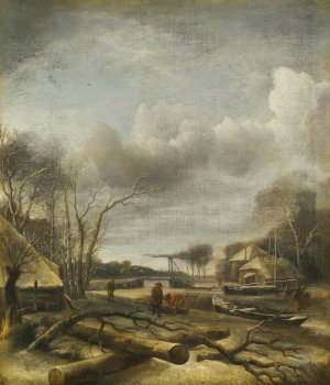 Winter Landscape With A Man Fixing A Sled At The Edge Of A Frozen River by Jan Van De Cappelle Oil Painting