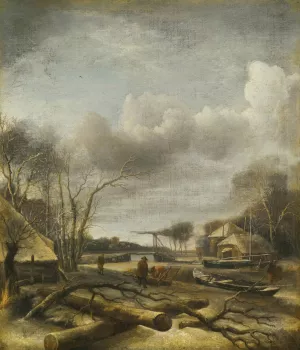 Winter Landscape With A Man Fixing A Sled At The Edge Of A Frozen River by Jan Van De Cappelle Oil Painting