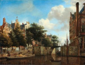 Amsterdam City View with Houses on the Herengracht and the old Haarlemmersluis by Jan Van Der Heyden Oil Painting