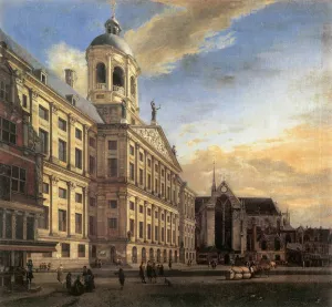 Amsterdam, Dam Square with the Town Hall and the Nieuwe Kerk painting by Jan Van Der Heyden
