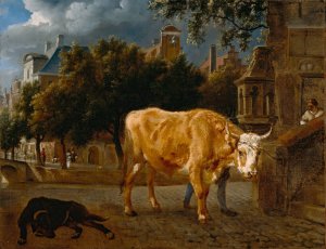 Bull in a City Street by Jan Van Der Heyden Oil Painting