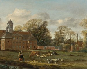 View Of Goudestein With A Woman And Child Walking Beside A Dyke by Jan Van Der Heyden Oil Painting