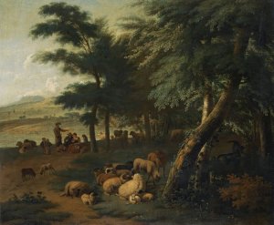 Shepherds Resting With Their Flock At The Edge Of A Wood by Jan Van Der Meer The Younger Oil Painting