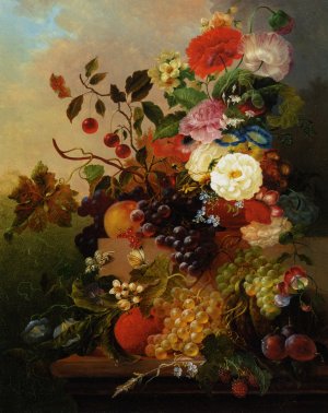 Poppies Peonies Roses and other Flowers with Grapes on a Marble Ledge