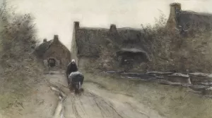 Dorpsgezicht met vrouw met kruiwagen by Jan Van Essen Oil Painting