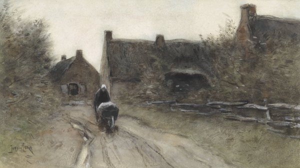 Main Product Photo of Dorpsgezicht met vrouw met kruiwagen  Painting by Jan Van Essen