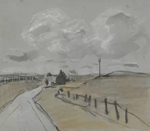 Gezicht langs een weg met hoge bermen en hekjes by Jan Van Essen Oil Painting