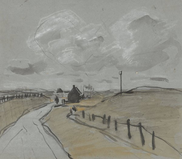 Main Product Photo of Gezicht langs een weg met hoge bermen en hekjes  Painting by Jan Van Essen