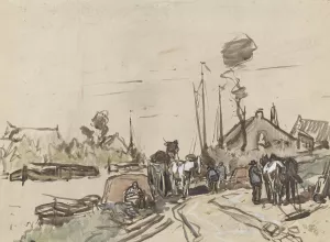 Het lossen van karren bij een vaart by Jan Van Essen Oil Painting