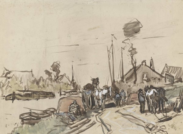 Main Product Photo of Het lossen van karren bij een vaart  Painting by Jan Van Essen