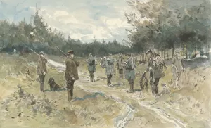Landschap met groep jagers na de jacht op de Leusderhei by Jan Van Essen Oil Painting