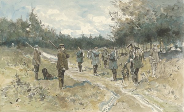 Main Product Photo of Landschap met groep jagers na de jacht op de Leusderhei  Painting by Jan Van Essen