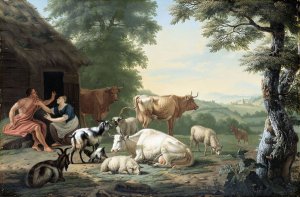 Arcadian Landscape with Shepherds and Cattle by Jan Van Gool Oil Painting