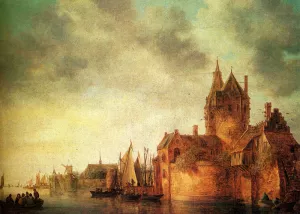 A Castle By A River With Shipping At A Quay painting by Jan Van Goyen