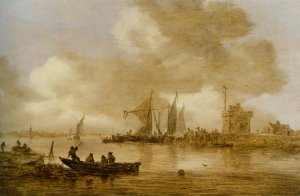 A River Estuary with Dutch Shipping and a Lighthouse Oil painting by Jan Van Goyen