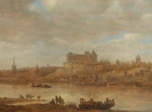 A river landscape with a ferry boat and a castle by a town beyond by Jan Van Goyen Oil Painting