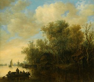 A River Landscape With A Fully-Laden Ferry Boat Approaching A Busy River Bank Oil painting by Jan Van Goyen
