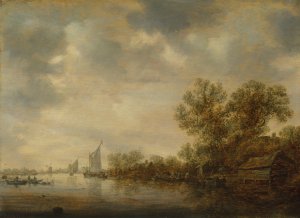 A river landscape with sailing vessels, fishermen's boats and a ferry with peasants and cattle Oil painting by Jan Van Goyen