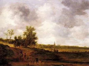 A Rural Landscape with Peasants and a Drover by a Track, a Village Beyond painting by Jan Van Goyen