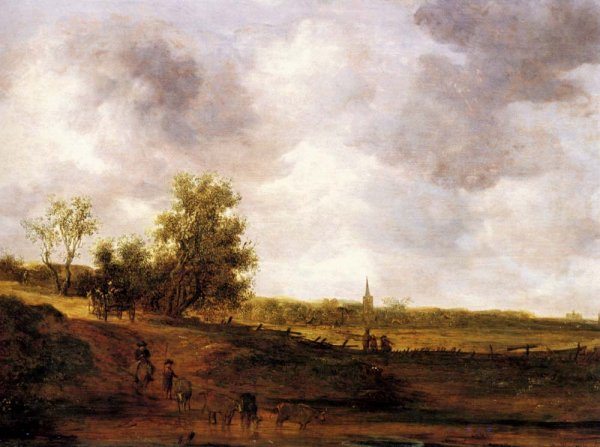 A Rural Landscape with Peasants and a Drover by a Track, a Village Beyond