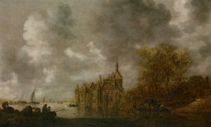 An Extensive River Landscape with Figures Rowing and a Castle Beyond Oil painting by Jan Van Goyen