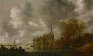 An Extensive River Landscape with Figures Rowing and a Castle Beyond by Jan Van Goyen - Oil Painting Reproduction