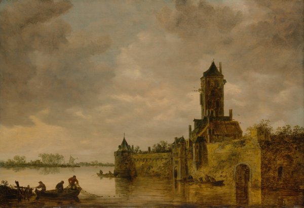 Castle by a River  by Jan Van Goyen - Hand-Painted Oil Painting Reproduction